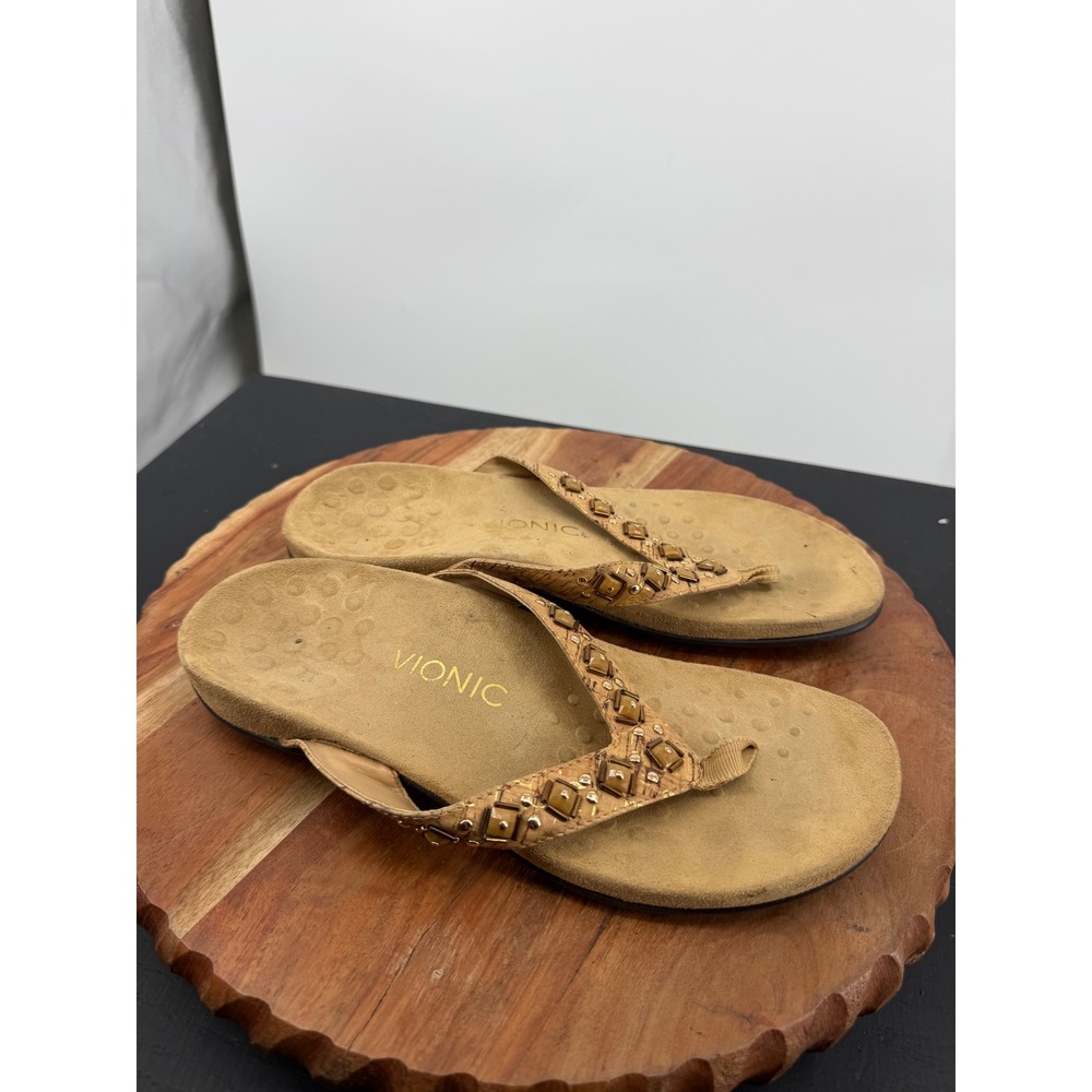 Vionic Floriana thong Sandals Women 8 Tan Cork Studded Orthopedic Flip Flops